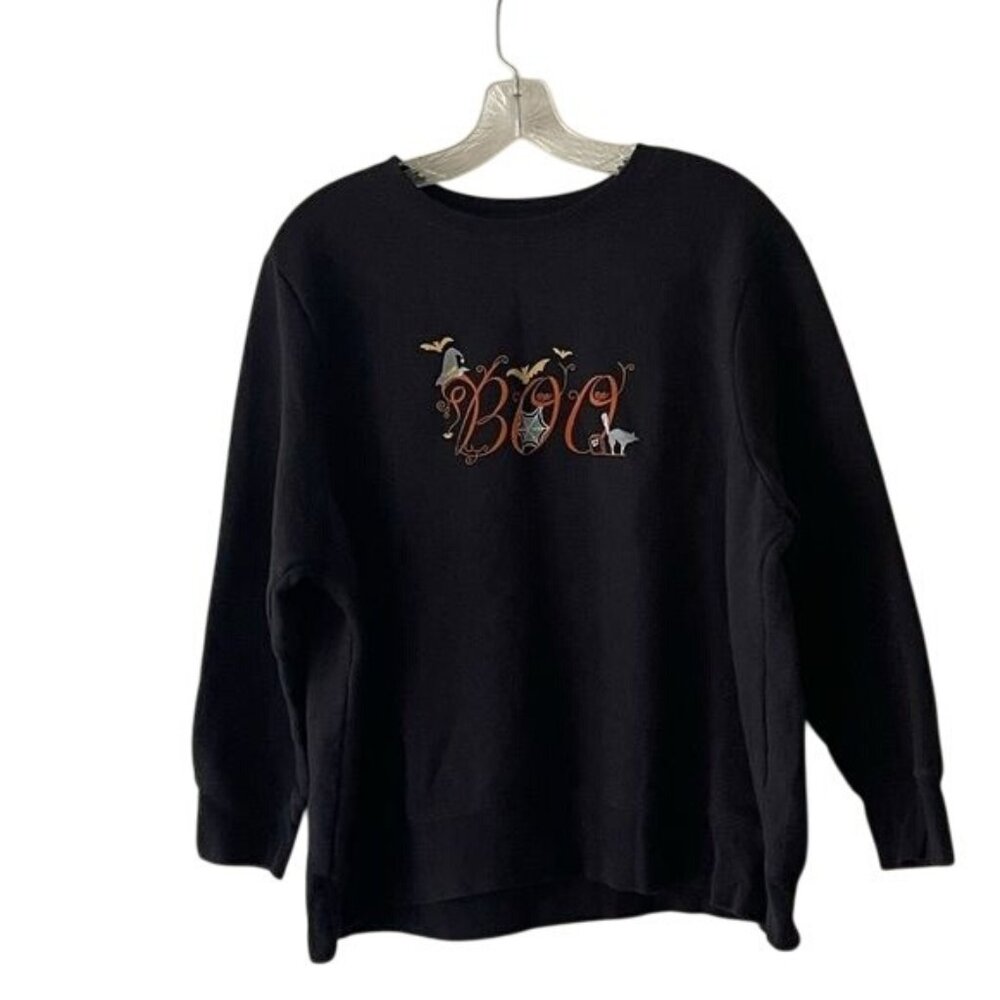 Halloween "Boo" Graphic Black Sweatshirt 1X Cotton Blend Casual Fall Fashion